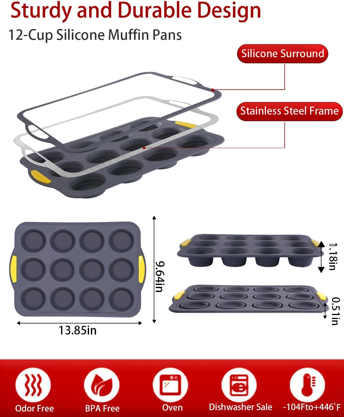 12-Cups Foldable Silicone Muffin Pan with Metal Reinforced Frame - Non-Stick Heat-Resistant Baking Mold for Muffins, Cupcakes, Mini Treats - Easy Storage Silicone Baking Pan, 7-Piece Baking Set