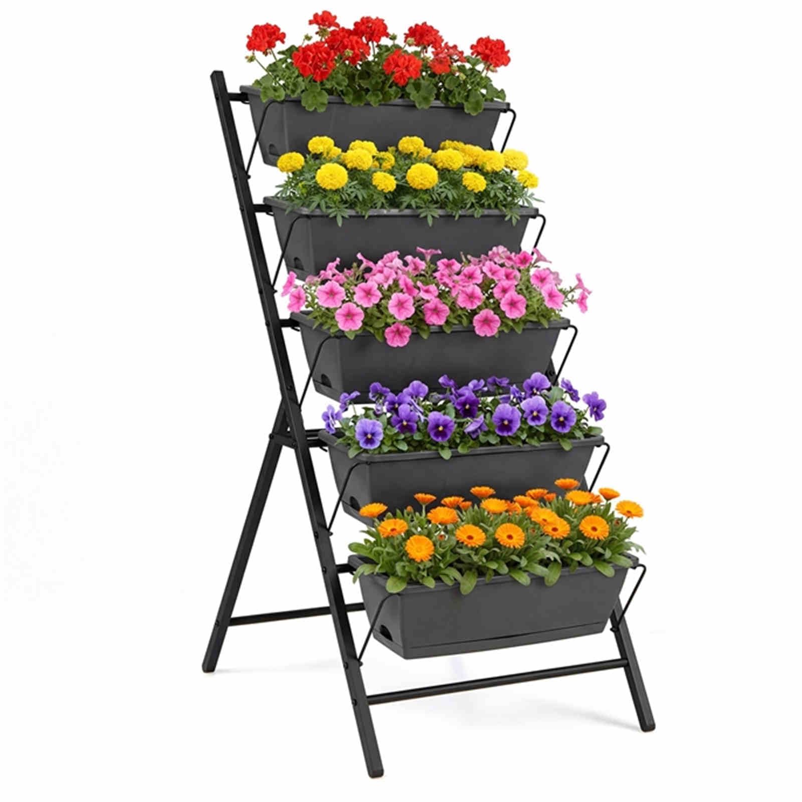 HOMASIS Fioriera Verticale da Giardino, con 5 Vasi con Fori di Drenaggio, Orto Rialzato a Scaletta in Metallo, per Piante, Fiori, Salvaspazio, per Interno e Esterno, 71 x 57 x 115 cm (Nero)