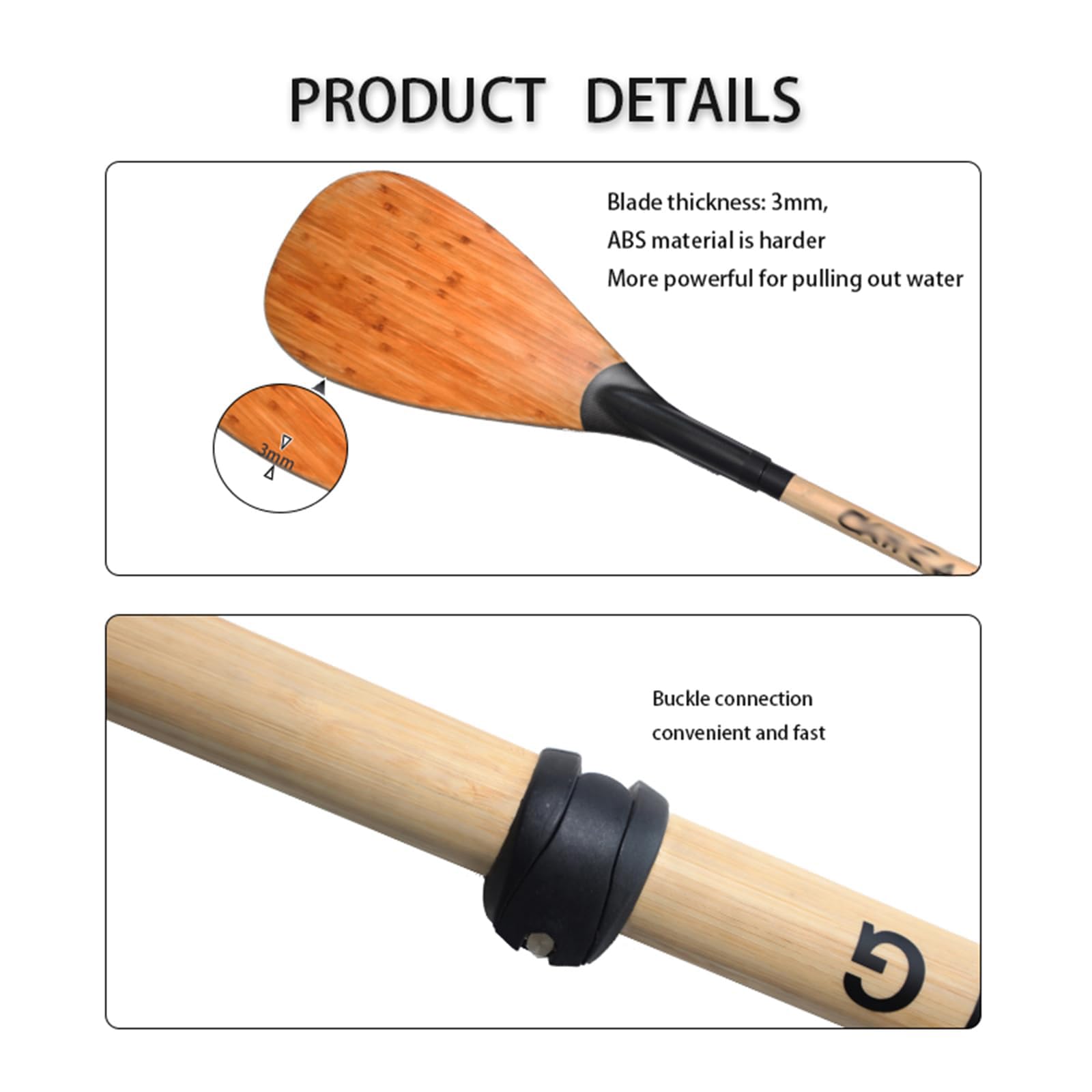 Pagaia per kayak a 3 sezioni in fibra di carbonio opaca, lunghezza regolabile 1829 mm-2185 mm, 661 g, lama in bambù + albero in fibra di carbonio, blocco in nylon, attrezzatura per kayak di alta