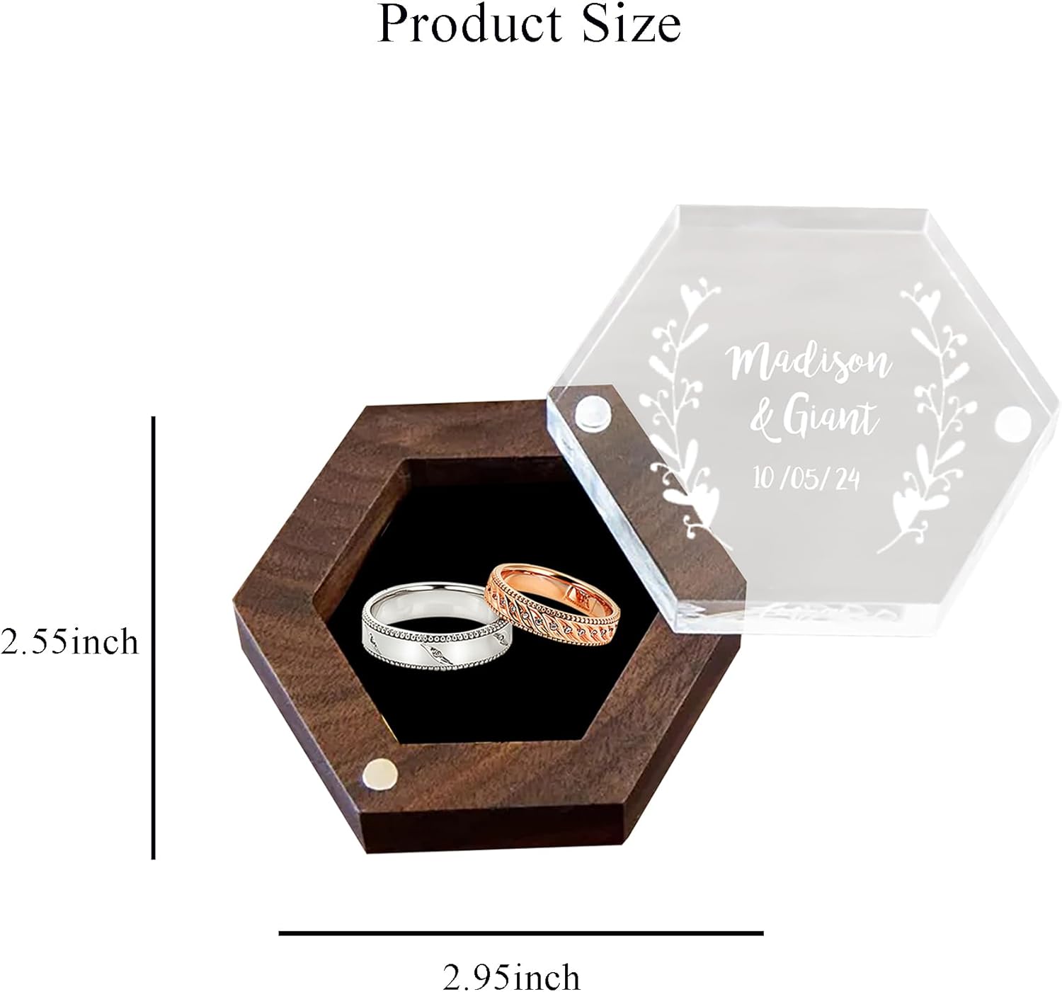 Custom Hexagon Ring Box Wood Acrylic Wedding Ring Boxes Transparent Ring Bearer Box for Wedding Ceremony Marriage Engagement Proposal