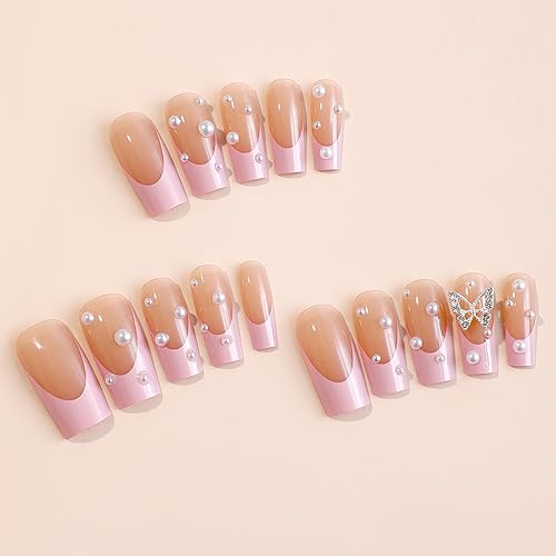 Miniatura 3 de 24 uñas postizas a presión XL, uñas postizas largas tipo ataúd rosa nude, uñas postizas francesas brillantes con diseños de diamantes de imitación