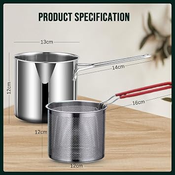 Drkicsy 304 Stainless Steel Multifuntional Fryer, Upgrade Deep Fryer with Long Handle, Versatile Steel Fryer Mini Fryer Handheld Frying Pot Household Deep Fryer Pot (1*Fryer + 1*Strainer Basket)