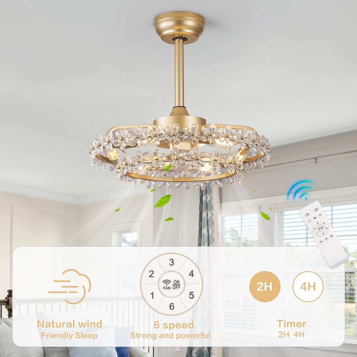 20 Inch Fandelier Caged Ceiling Fan with Light, Chandelier Bladeless Ceiling Fans with Lights and Remote, Modern Small Ceiling Fan with Light for Living Room, Bedroom, Flower Gold
