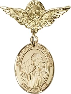14kt Yellow Gold Baby Badge with St. Finnian of Clonard Charm and Angel w/Wings Badge Pin 1 X 3/4 inches