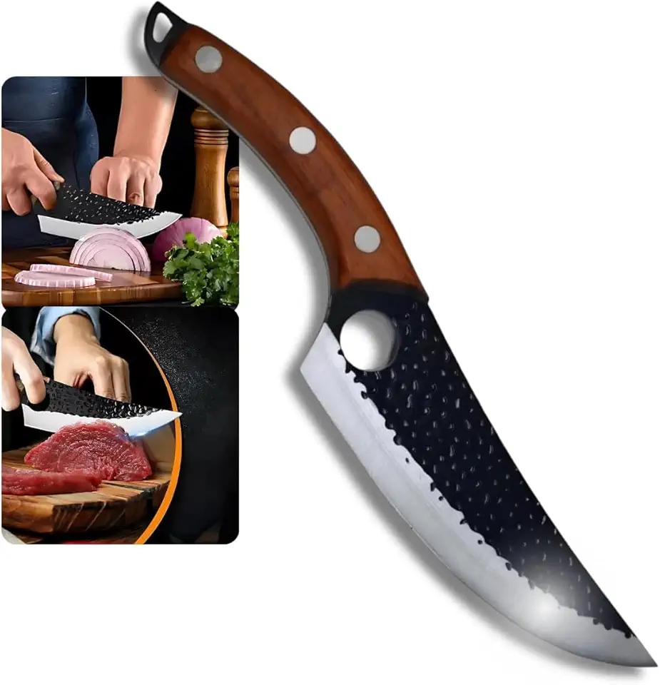 Faca Artesanal Damasco, Lâmina em Aço Inox, com Bainha,Faca Artesanal Damasco Lamina em Aço Inox com Cabo de Madeira e Bainha Inlcusa - Churrasco, Camping, Pescaria e Cozinha