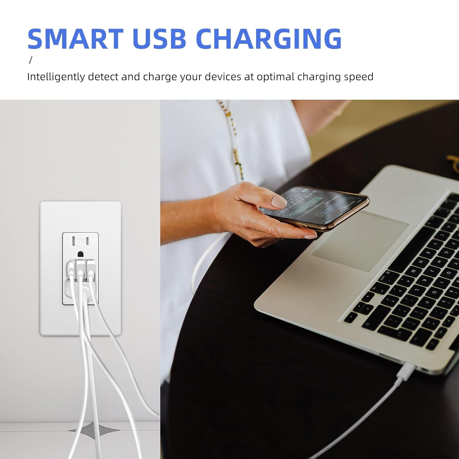 USB C Wall Outlet Receptacle, 15A TR Duplex Receptacle, 30W 6A 3-Port Type C Wall Outlet, Charging Power Outlet with USB Ports, Type C Wall Charger, Wall Plate, UL Listed, White, 4Pack
