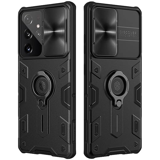 CloudValley - Custodia per Galaxy S21 Ultra 5G 6,8'' con custodia per fotocamera e cavalletto, protezione lente scorrevole+supporto ad anello girevole a 360°, colore: Nero