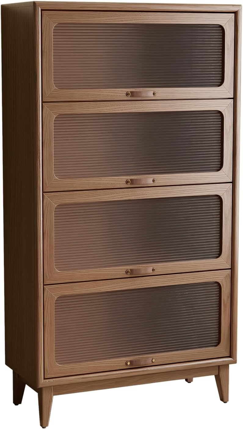 Solid Wood Bookcase 4 Tier Bookshelves with Tempered Glass Flip-Up Doors 60Hx12.5Dx32W" Brown Finish Cube Storage Organizer, Bookshelf Versatile Pantry Cabinet with Storage for Kitchen Home Office