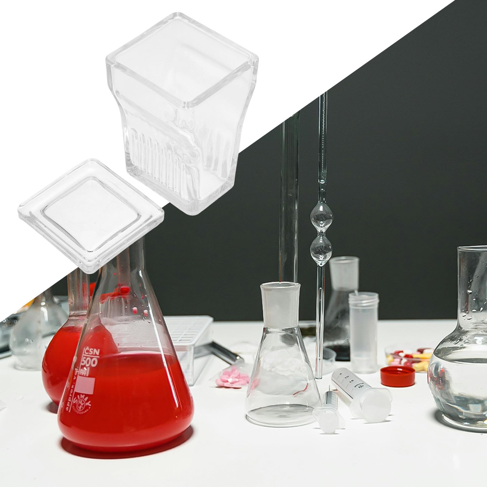 Vaschetta per Colorazione in Vetro Trasparente a 9 Vetrini con Coperchio Portavetrini per Microscopio Resistente a Solventi Chimici Strumento da Laboratorio per Analisi di