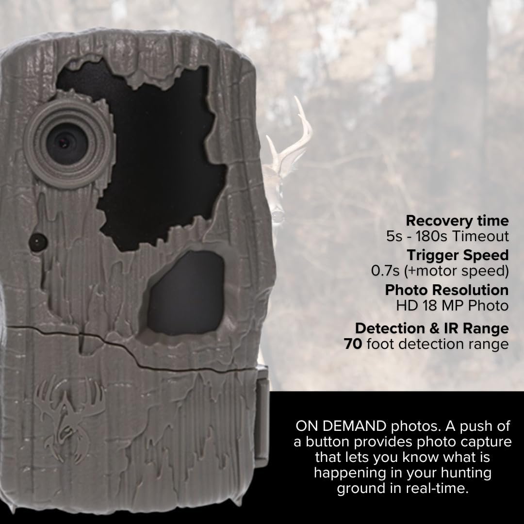 Image of the trail camera with text overlay highlighting Recovery time 5s-180s Timeout, Trigger Speed 0.7s, Photo Resolution HD 18 MP Photo, Detection & IR Range 70 foot detection range.