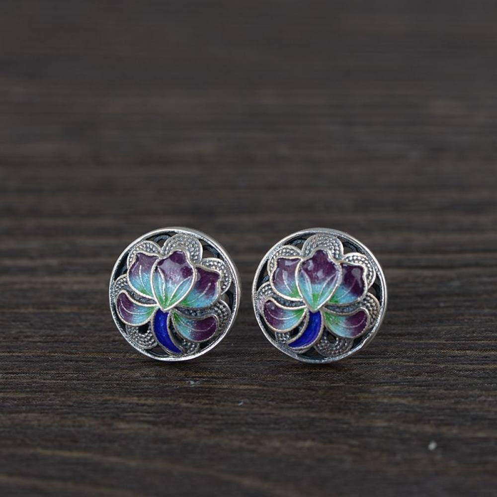 Orecchini Argento,Retro Distressed Cloisonne Rotondo Fiore Di Loto Etnico Ipoallergenico S925 Borchie In Argento Sterling Orecchini Gioielli Squisiti Per Le Donne Uomini Le Ragazze Sposano I Miglior