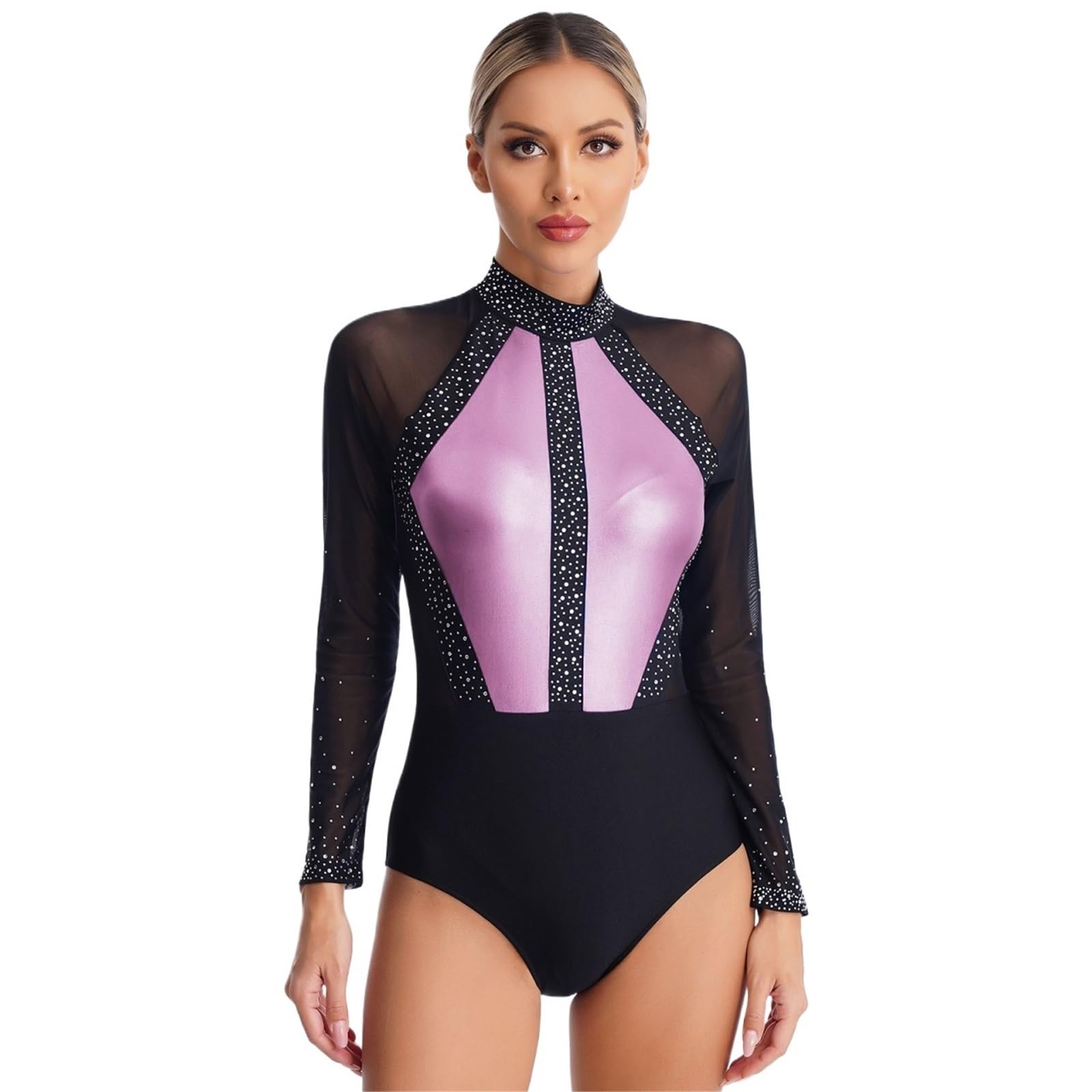 Ballettkleidung Damen Ballettanzug Mesh Bodysuit for Gymnastik Skating Eleganter Ballettoverall mit Ärmeln Für Ballett(Pink,XXL)