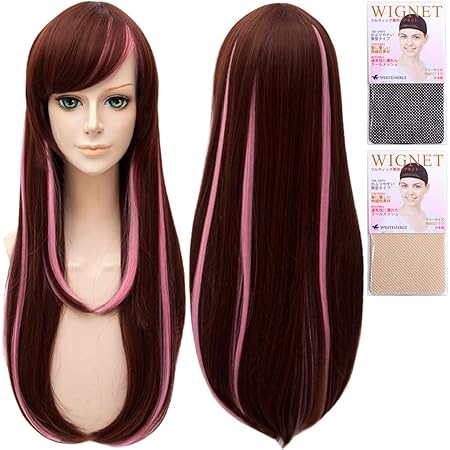 Amazon Caseeden ケースエデン コスプレ ウィッグ コスプレ用ウィッグ A I Channel キズナアイ Kizuna Ai ダークブラウン ピンク ミックス 茶色 ピンク ロング ホワイトメルチェ ウィッグネット2個セット コスプレ 仮装 通販