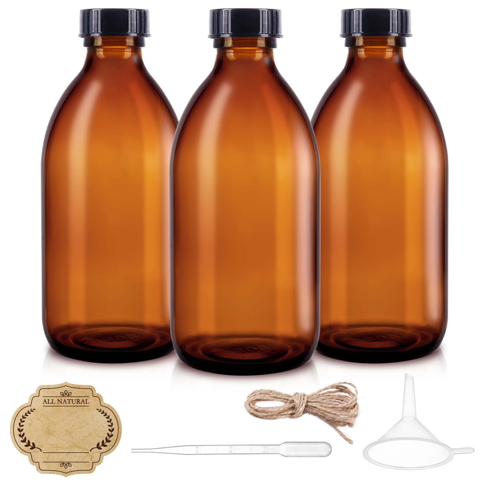 Botella de vidrio ámbar de 8 onzas con tapas, paquete de 3 recipientes redondos vacíos marrones a prueba de fugas, botellas dispensadoras de muestras recargables para extracto de vainilla casero,
