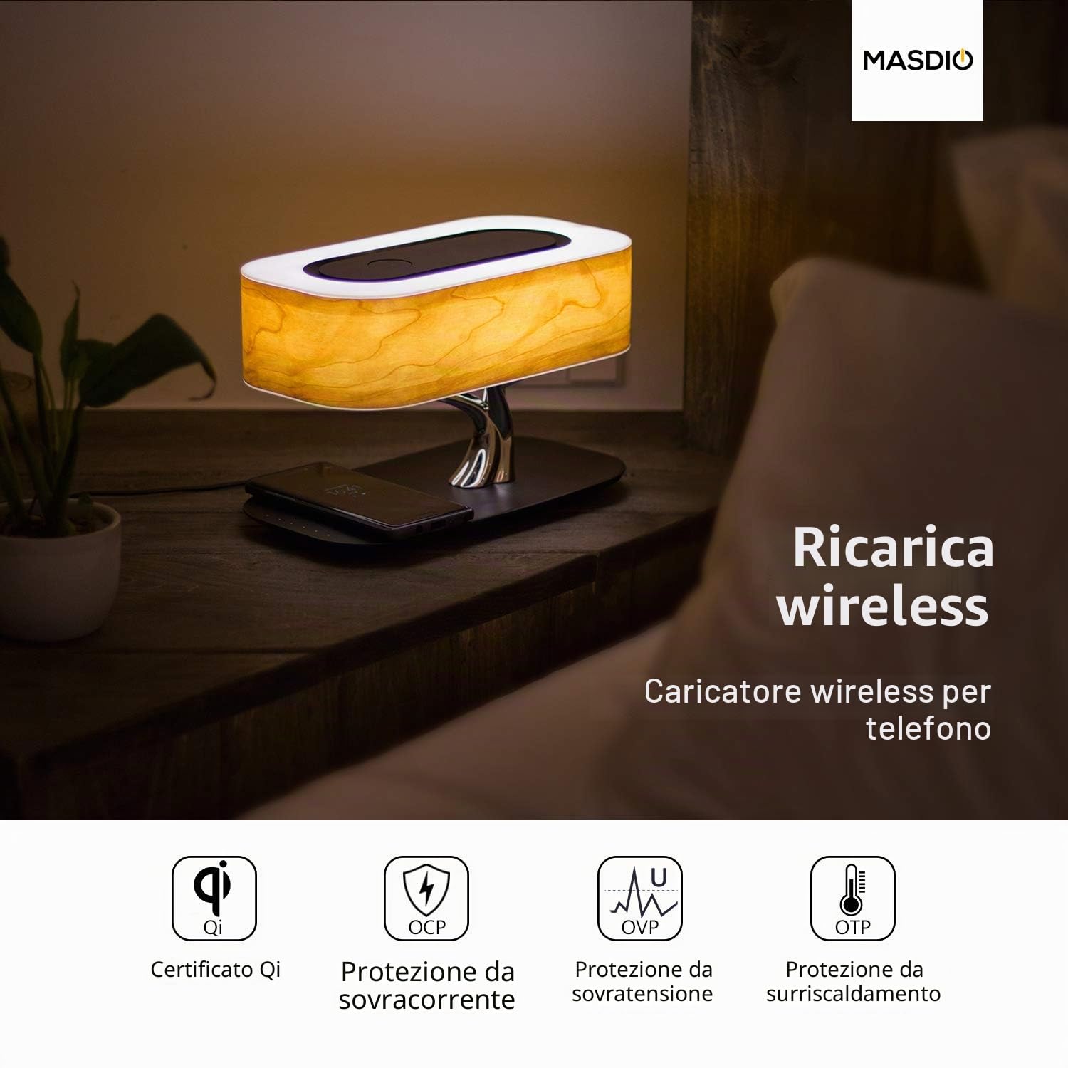 Masdio Lampada da Notte con Altoparlante Bluetooth e Caricatore Senza Fili, Modalità da Sonno a Regolazione Continua