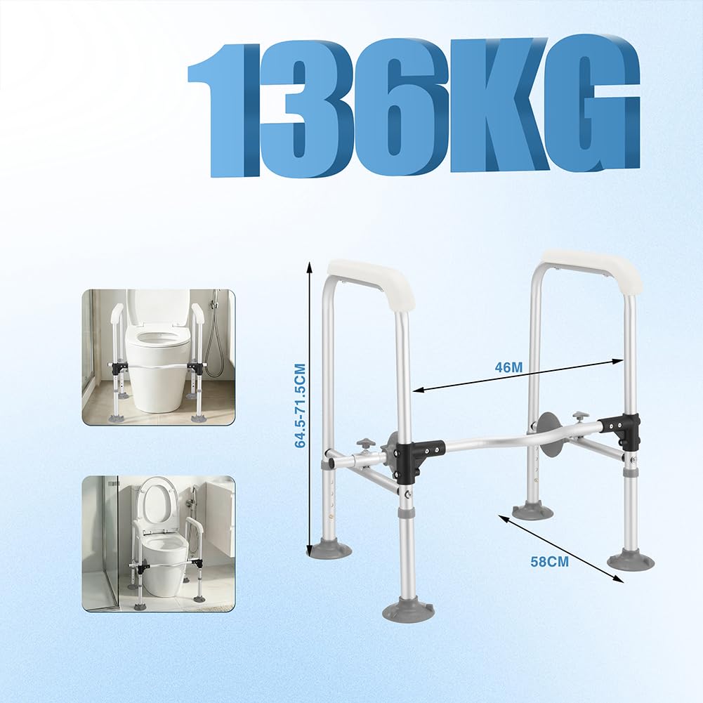 BAKAJI Barre di Sicurezza per WC in Alluminio per Anziani, Disabili e Persone con Mobilità Ridotta, Maniglie di Assistenza Antiscivolo, Corrimano Portatile con Altezza Regolabile 64,5-71,5 cm