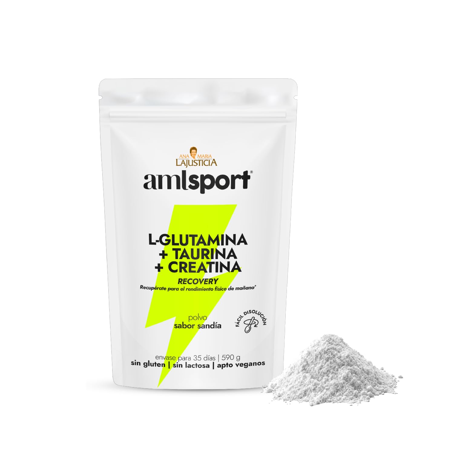 amlsport Ana Maria Lajusticia | L-Glutamina + Taurina + Creatina | Sabor Sandía | 590 Gr | Sin Gluten | Sin Lactosa | Apto para Veganos | Contribuye al Rendimiento Físico | Envase para 35 Días