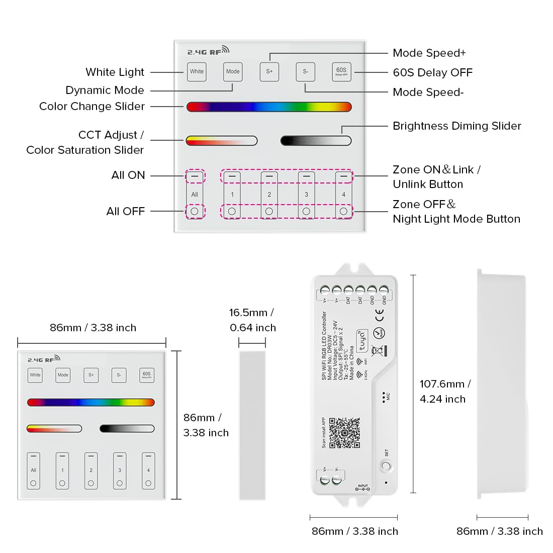 BTF-LIGHTING 2,4-GHz WLAN SPI RGB LED-Controller DR03W und Wandmontiertes Smart Panel-Fernbedienung WR01RF Kit für WS2811 WS2812B WS2813 WS2815 LED-Streifen - 4-Zonen-Steuerung mit Alexa, Google Home