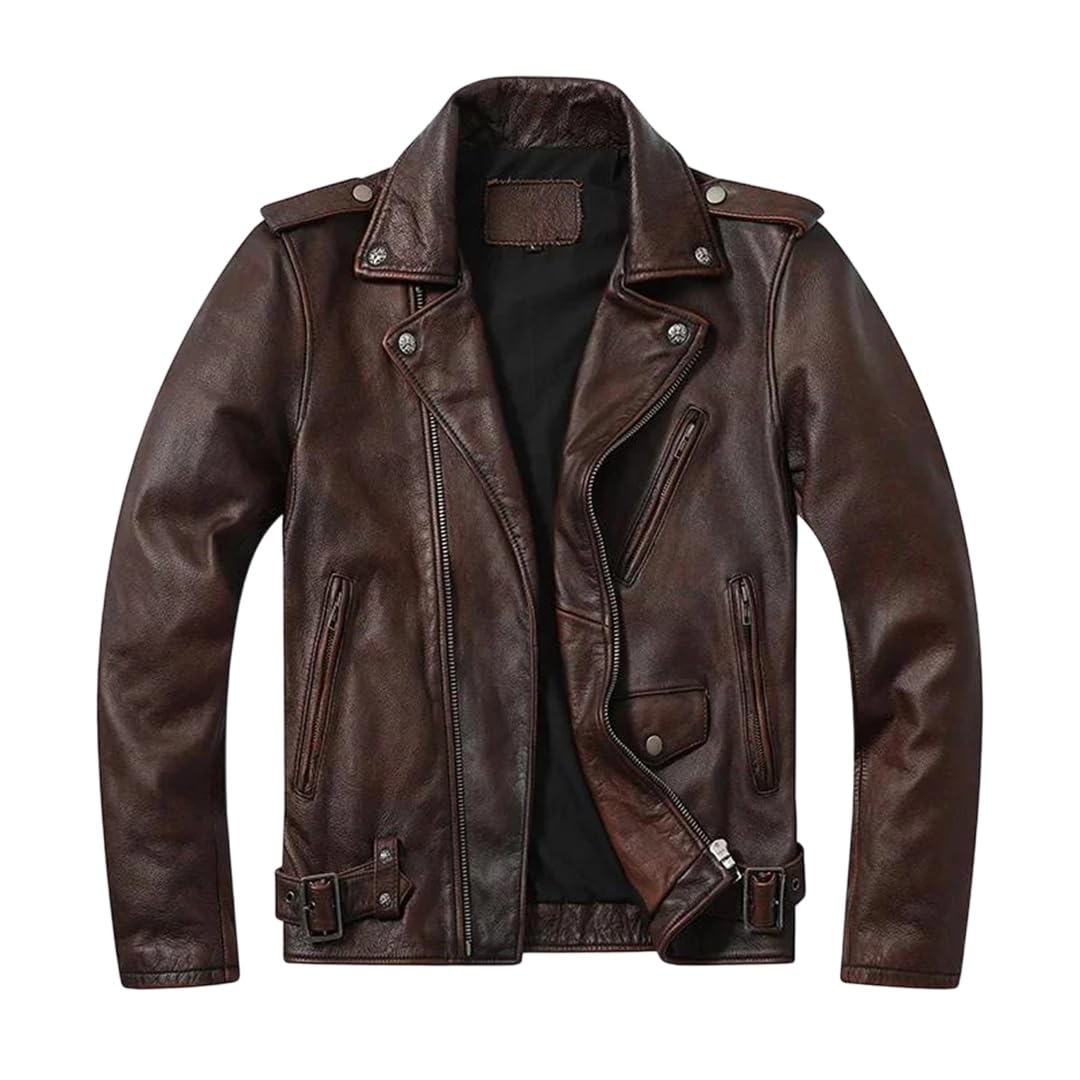 Mens Slim Fit Multi-Pocket Short Motorcycle Jacket Collar Distressed Leather Riding Outerwear