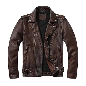Mens Slim Fit Multi-Pocket Short Motorcycle Jacket Collar Distressed Leather Riding Outerwear