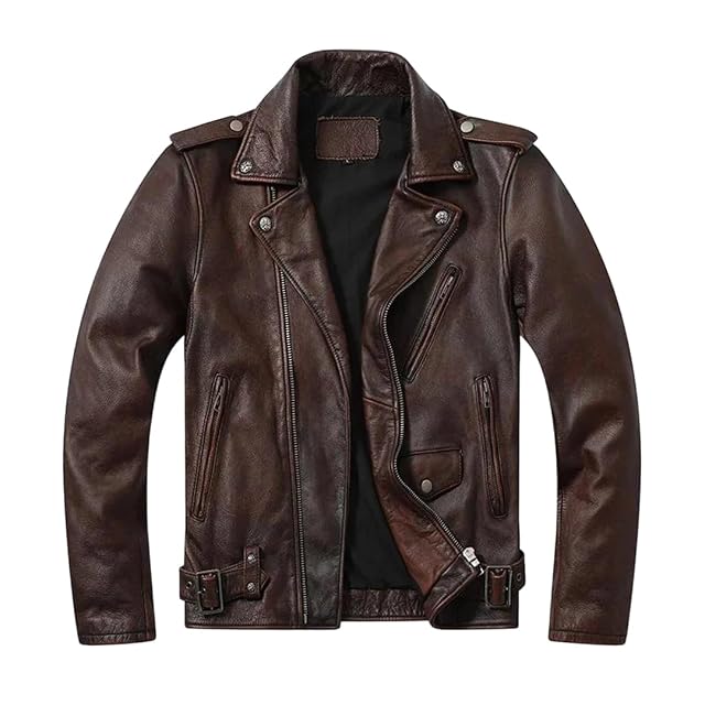 Mens Slim Fit Multi-Pocket Short Motorcycle Jacket Collar Distressed Leather Riding Outerwear