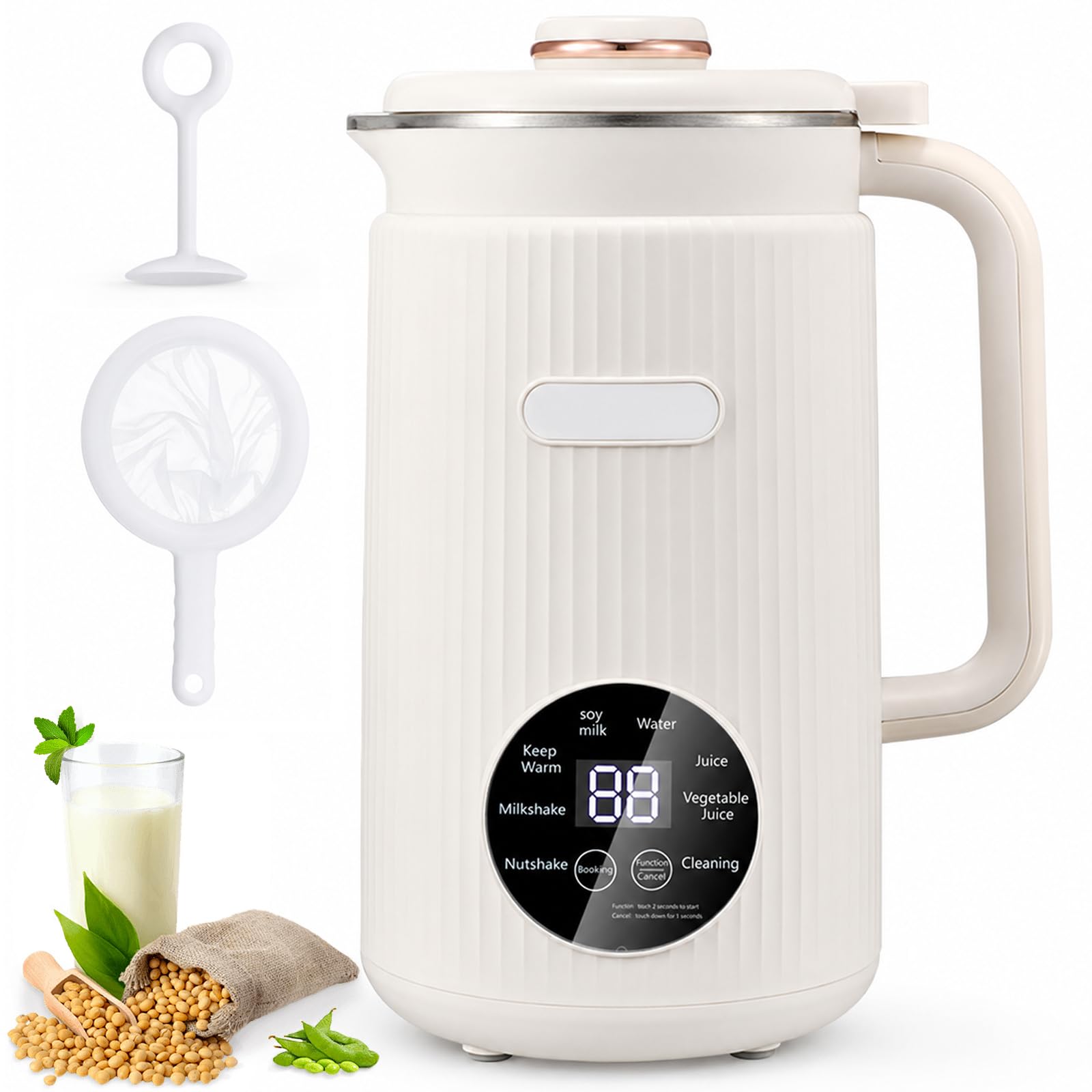 Macchina Automatica per Latte Vegetale 1,2 L, 9-in-1 con 10 Lame | Display Touch LED, Timer 12 Ore, Calore per 6 Ore e Autopulizia per Latte di Mandorla, Avena, Soia e Frutta Secca(white)