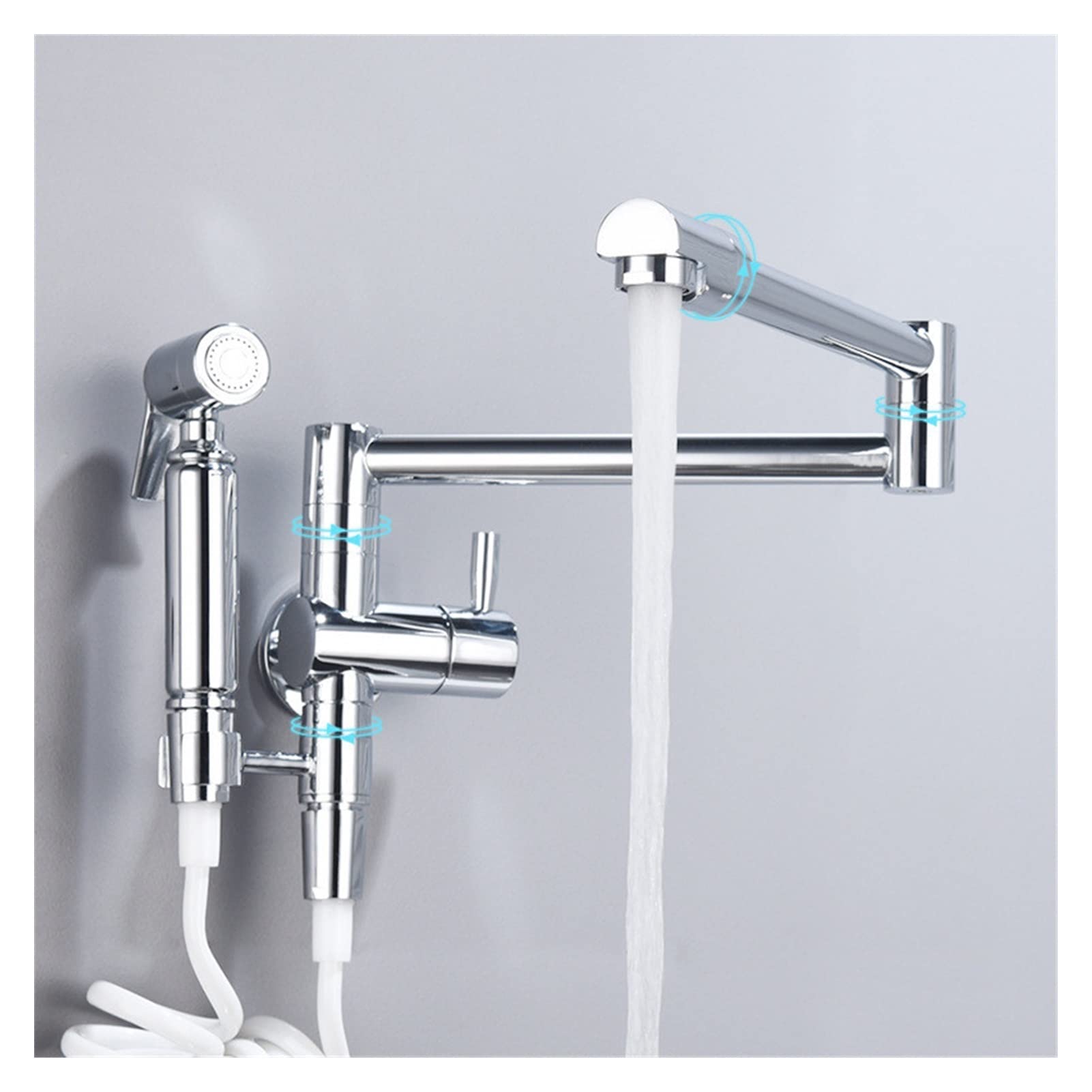 Flexible Swivel Tap, Pot Filler Tap Wall Mounted Foldable Kitchen Faucet with Bidet Sprayer Cold Sink Rotate Folding Spout(Style 1 Chrome)