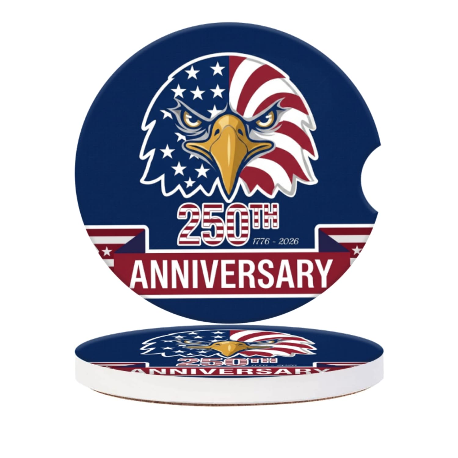 American Eagle Ceramic Car Cup Coasters for Cup Holders with Finger Notch & Cork Base - Anti-Slip Car Interior Accessories for Women Men Pack of 2, 2.56in