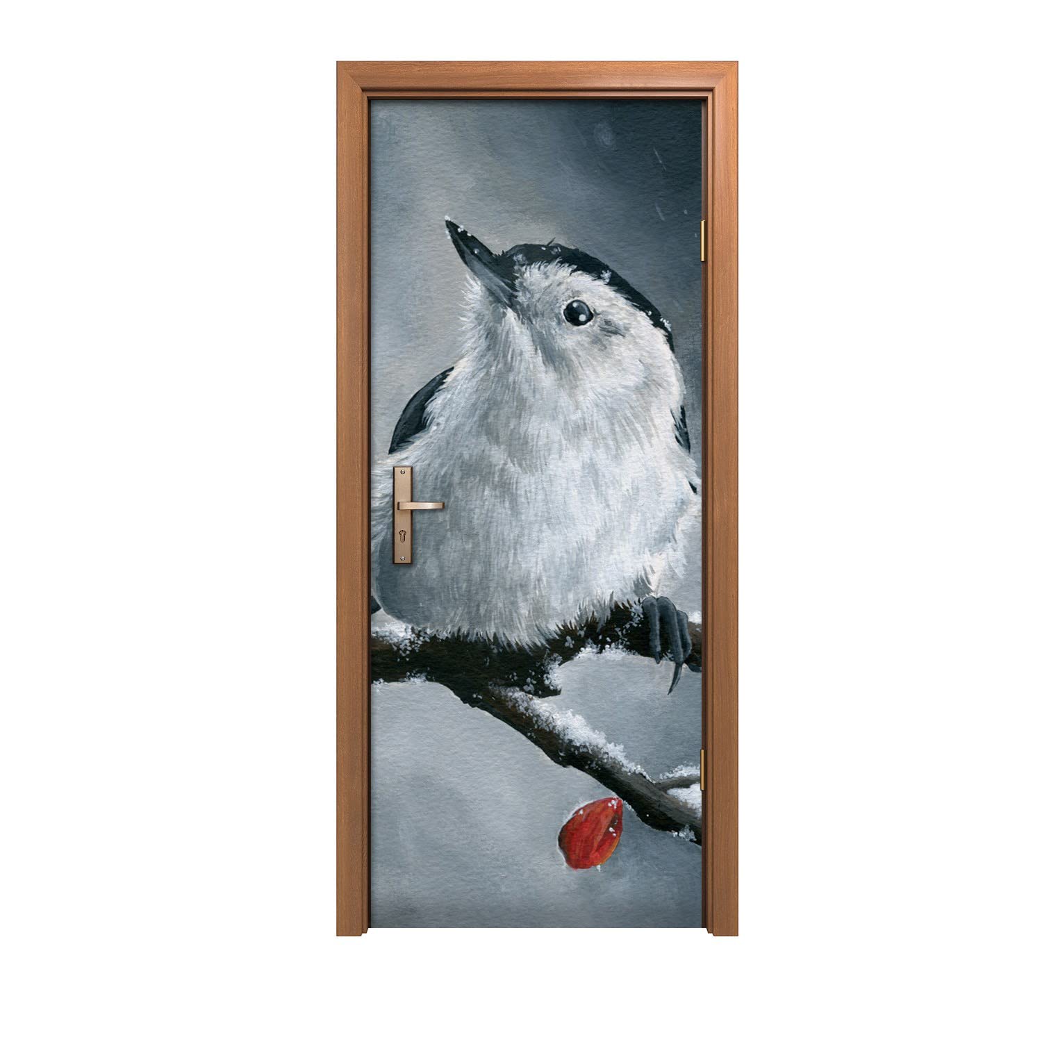 Autocollant de porte 90x200cm décor d'hiver animal oiseau pour rénover votre intérieur