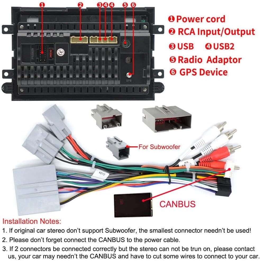 Wiring diagram for the car stereo showing labeled ports and connectors