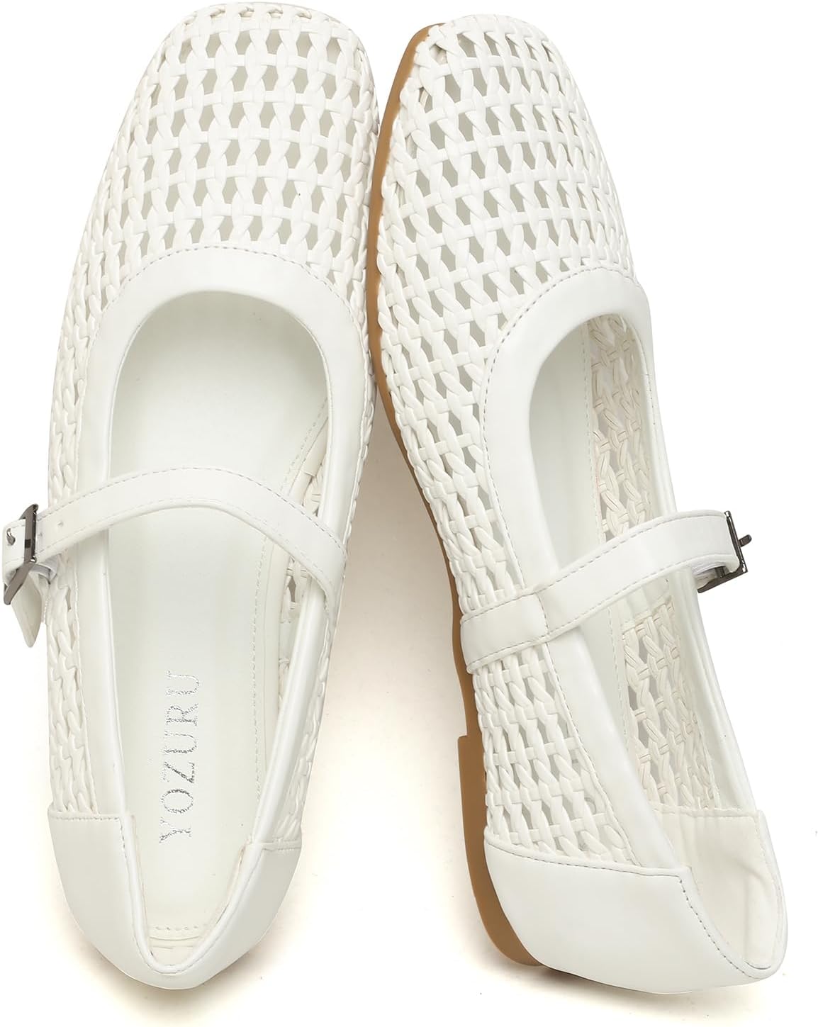 Yozuru Womens Woven Ballet Flats Mesh Mary Jane Shoes Dressy Squared Toe Comfortable Buckle Strap Casual Leather Flats for Women
