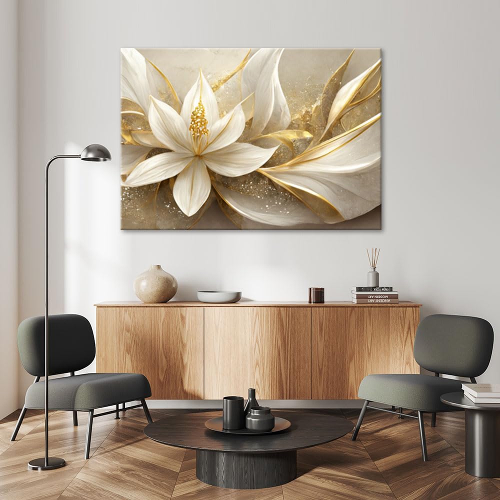 Feeby Viles - Leinwand Bilder - Gold Glamour Blumen - 120x80 cm - Deko Wohnzimmer - Wandbilder Schlafzimmer - Deko Aesthetic - Wand Deko - Leinwand Groß - Deko Zimmer - Leinwandbilder XXL