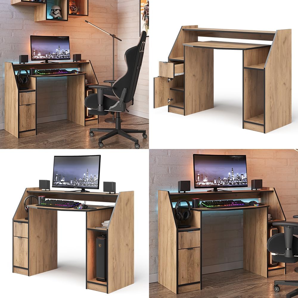 Multiple views of the Vicco Joel Gaming Desk, showing different configurations and storage options