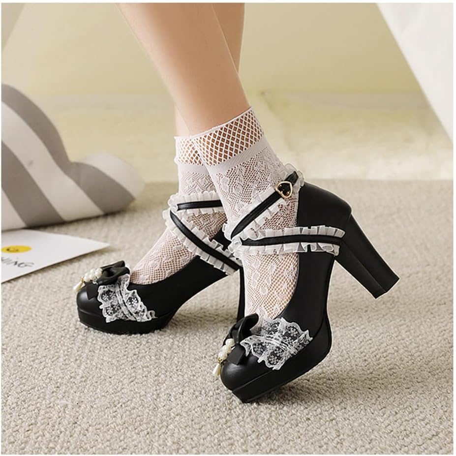 [SUCHETA] 女性のロリータハイヒールの甘いチャンキーヒールのサイズの大きいメリージェーンの靴蝶結びのレースの青い王女の靴仕事