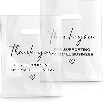 Crtiin 100 Pcs Clear Merchandise Plastic Shopping Bags Thank You for Supporting My Small Business with Die Cut Handles for Small Business Retail Boutique Store 12 x 9 Inches