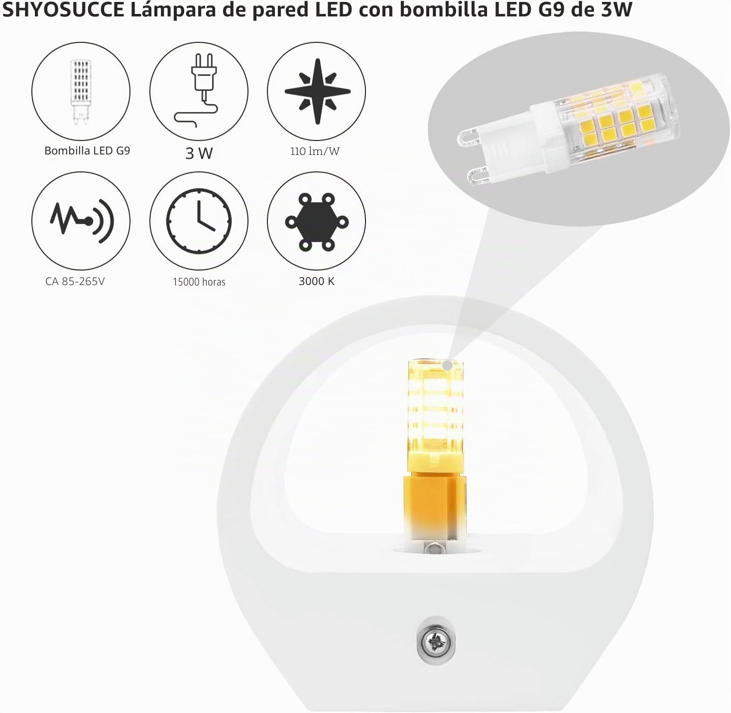 2 Piezas Aplique de Pared Interior en Yeso con G9 LED 3W Bombillas, Lámpara de Pared Moderna Blanco Cálido para Salón, Dormitorio, Escalera, Pasillo