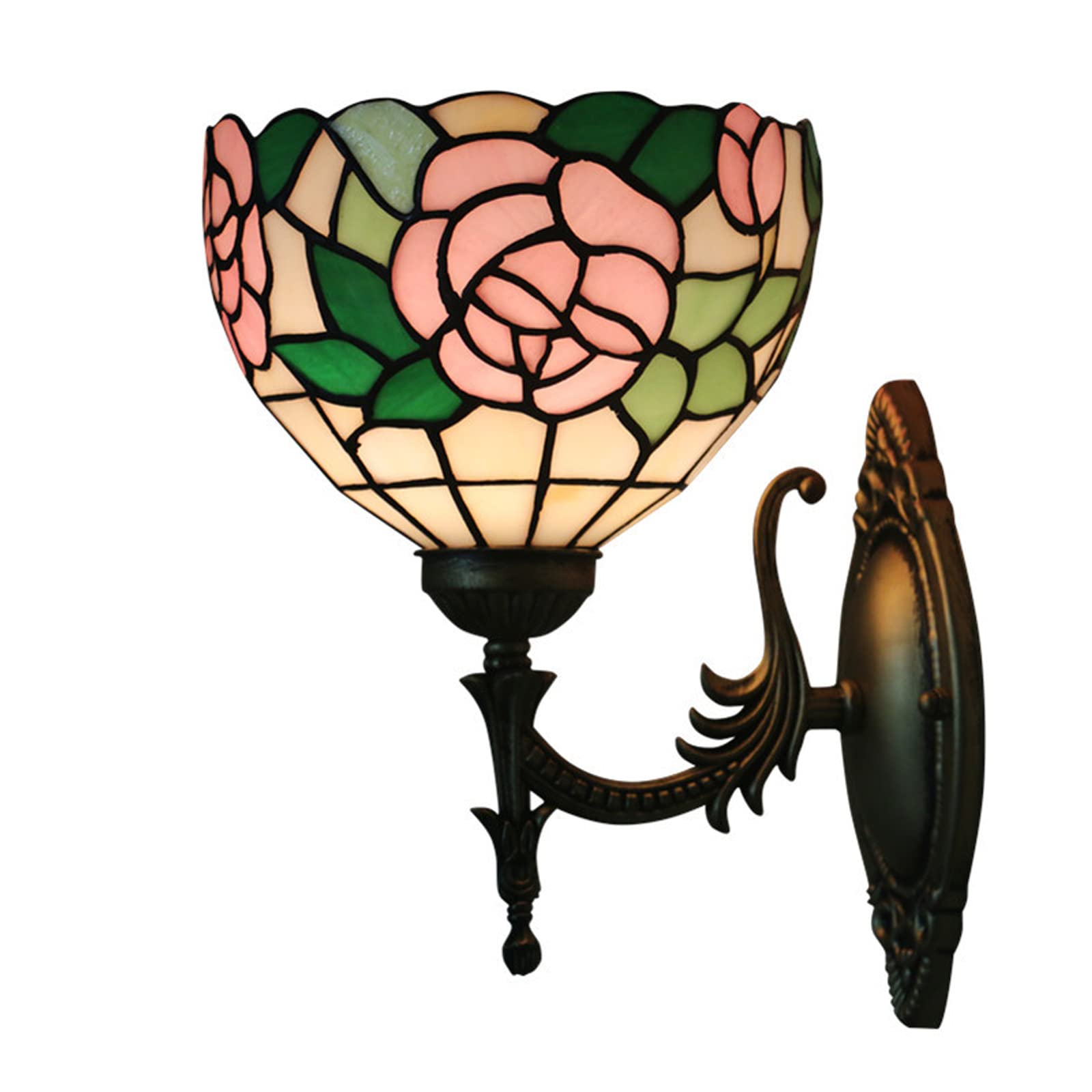 SXSCARKX Tiffany Flower Wall Lamp Retro Stained Glass Light Pink Peony Shade for Living Room Dining Bedroom Bar Needed