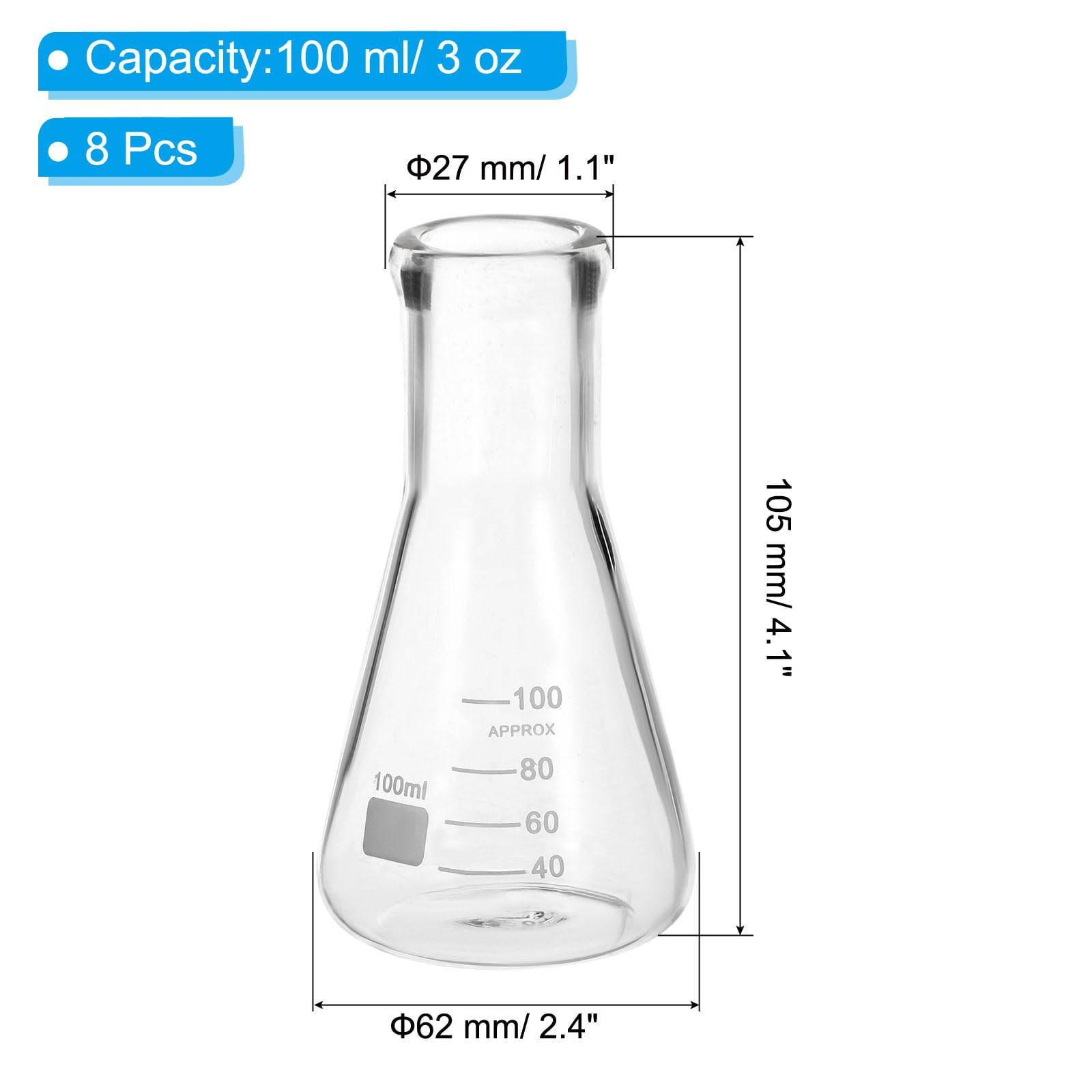 PATIKIL Erlenmeyer Flask, 8Pcs 100ml 3oz Col Étroit Flacons Gradués Verre Borosilicate Avec Graduation Imprimée Pour Laboratoire Expérience Chimie Étude Scientifique