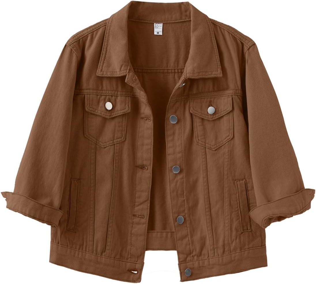 Locachy Womens 3/4 Sleeve Short Denim Jacket Lapel Button Down Cropped Trucker Jean Jackets Coats