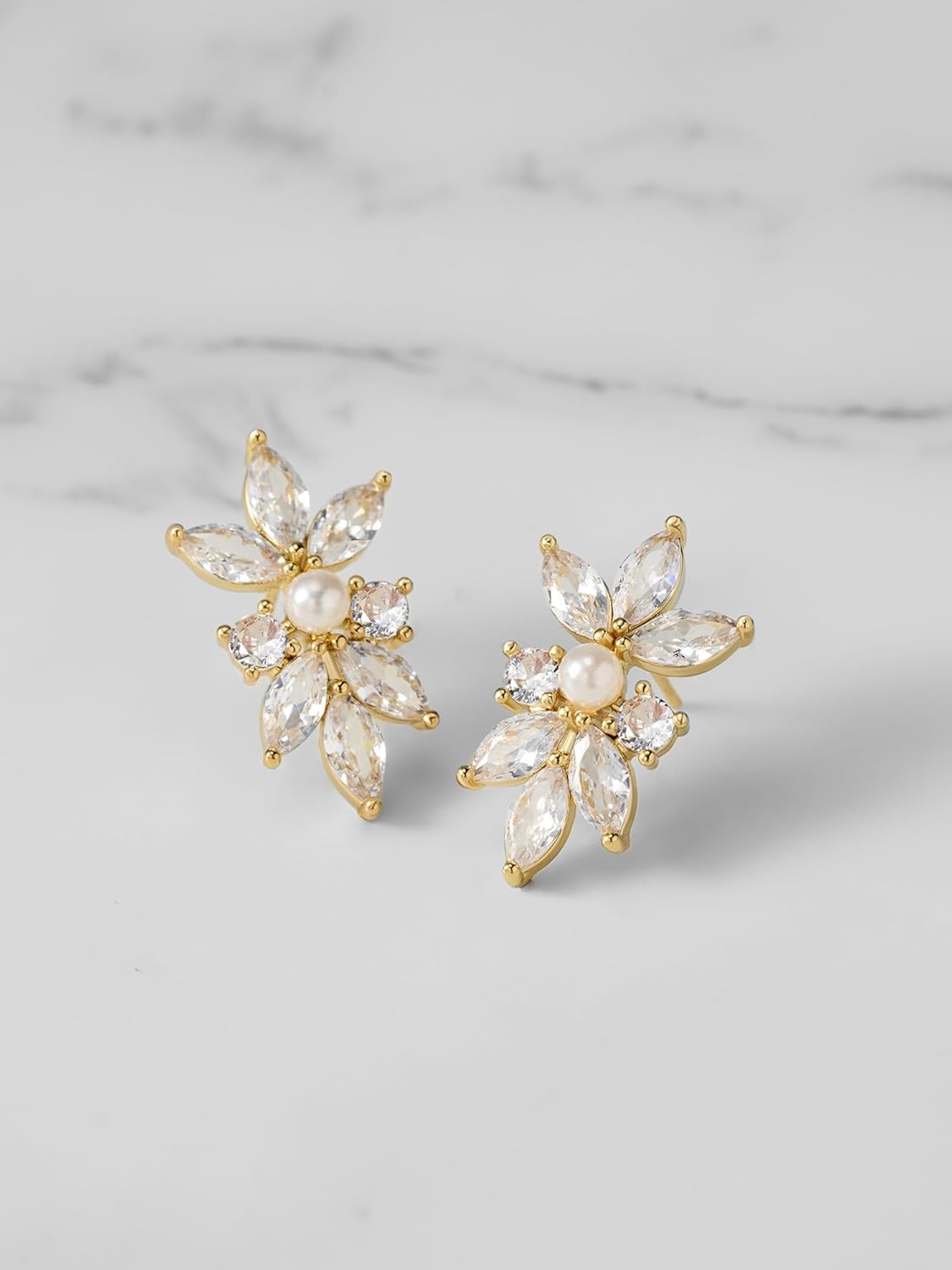 SWEETV Marquise Cubic Zirconia Wedding Bridal Stud Earrings for Brides Bridesmaids, Crystal Pearl Rhinestone Stud Earrings for Women Prom Party Jewelry Gifts