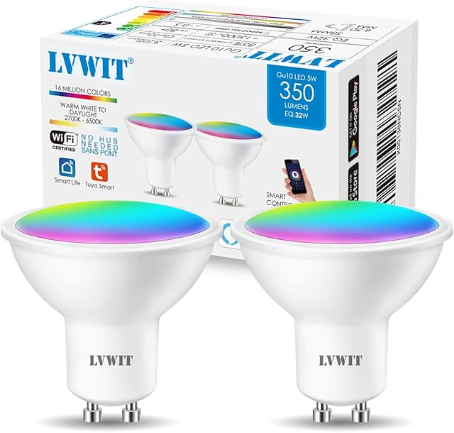 LVWIT GU10 WiFi Bulbs,WiFi Smart Bulbs GU10, GU10 RGB Colour Changing Bulbs,5W Replace 35 Watt, 350Lm,Compatible with Alexa, Echo, Google Assistant,Smart Life Bulb(2PCS)