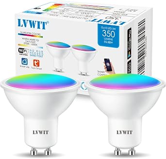LVWIT GU10 Smart Bulbs,Alexa Light Bulb,RGB Colour WiFi Smart Light Bulbs,5W 350Lm,Dimmable Color Changing Light,Smart Home Life,Compatible with Alexa,Echo,Google AssistantPack of 2 [Energy Class G]