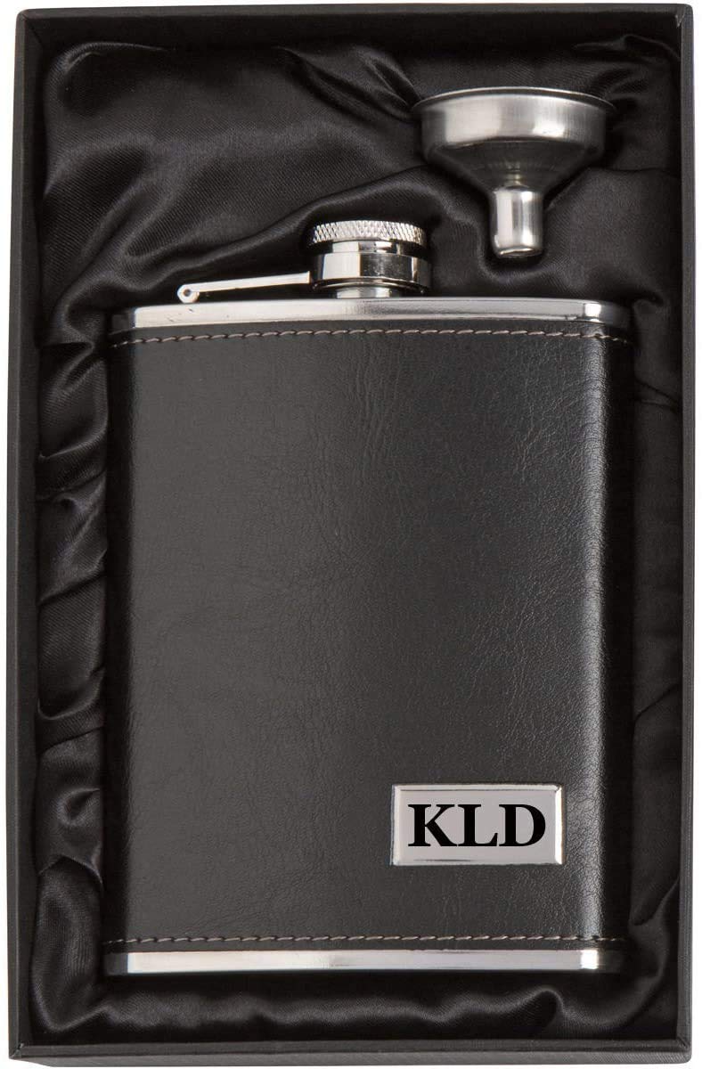 Custom Engraved 8 oz Black Leather Wrapped Stainless Steel Flask & Funnel Silk Lined Gift Box Set Personalized