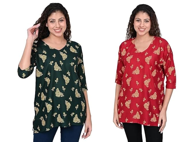 OFEEFAN Women’s Rayon Printed Short Kurtis – Pack of 2 | Ethnic Wear for Women | Regular Fit Comfortable Kurtas for Casual – Green&Red
