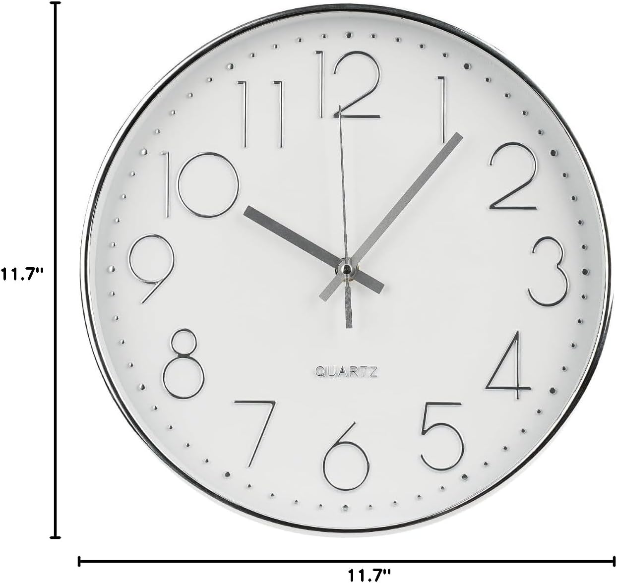 OVER LU | Large Wall Clock 30 cm, Non-Ticking, High Quality Quartz Crystal Round Clock, Home Decor, Suitable for Living Room, Dining Room, Bedroom, School Classroom, Gift (White & Silver)