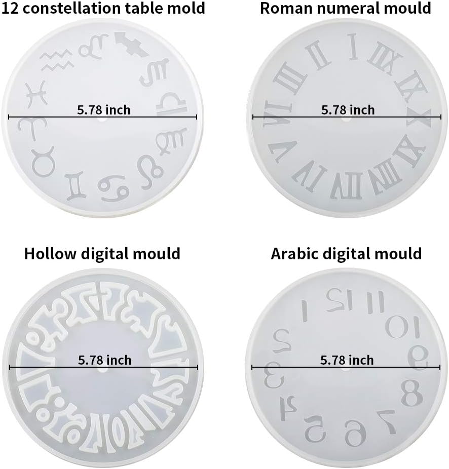 4 Pcs Clock Resin Molds Arabic Roman Numerals Constellation Silicone Casting Epoxy Resin Mold Handmade DIY Jewelry Crafts Making Tools Home Decoration