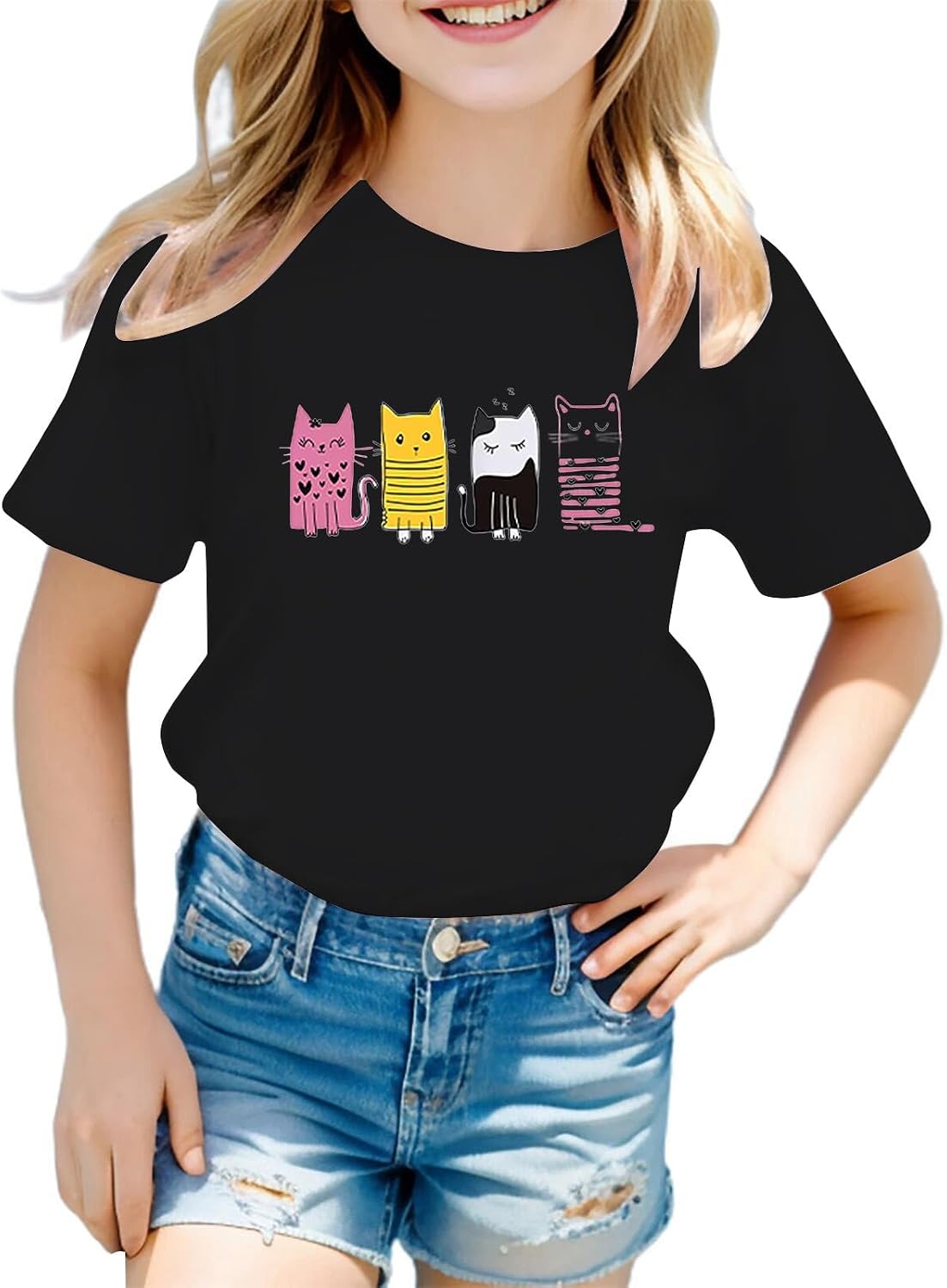 T-shirt Enfant Fille Manche Courte Chat - 100% Coton, Taille 3-12 Ans, Style Mignon Et Trendy