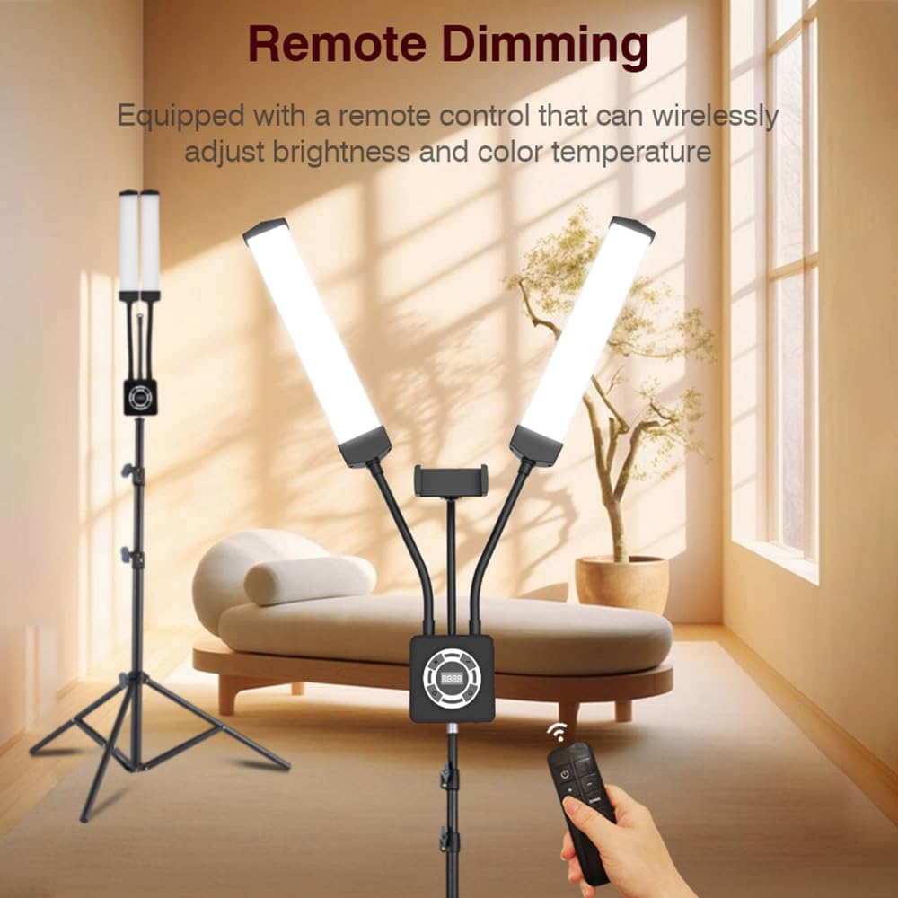 Andoer Set di luci LED 50 W, 3200 K-5600 K, doppio braccio riempimento LED, illuminazione studio, clip telefono, treppiede, telecomando