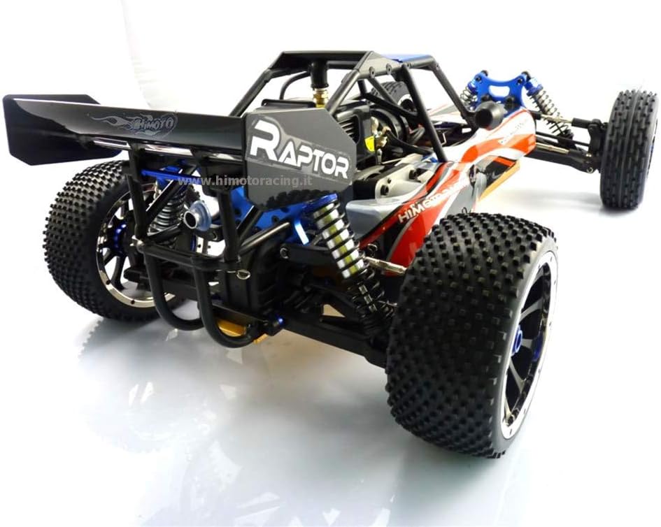 Rear-side view of the HIMOTO Raptor 5XB buggy, showing the rear suspension, exhaust, and wing.