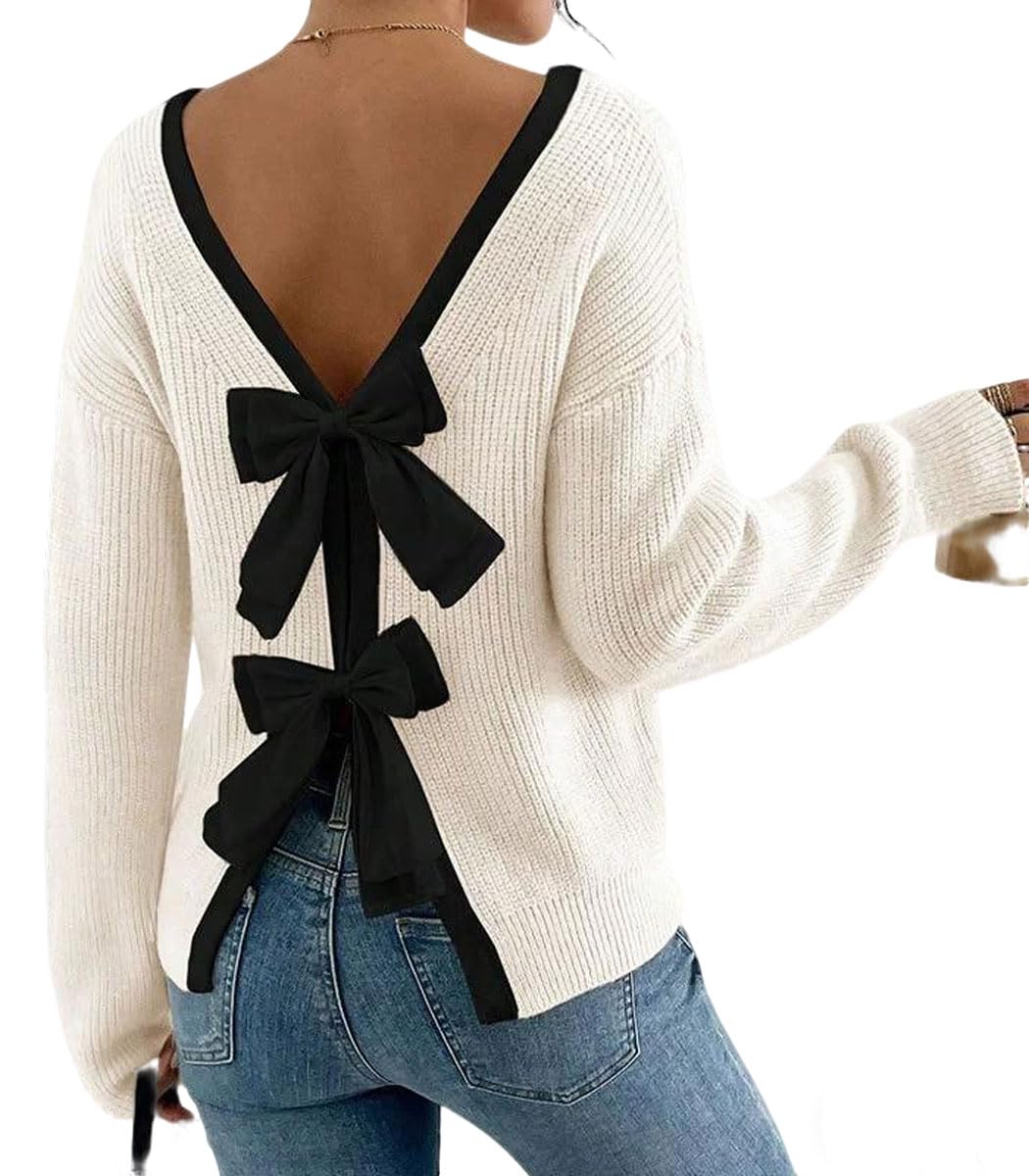 Womens Cute Color Block Bow Tie Backless Sweater Long Sleeve Crew Neck Ribbed Knit Trendy Pullover Sweaters
